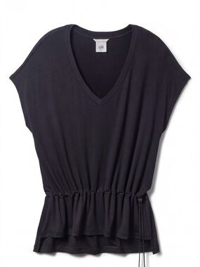 CAbi Black V-Neck Drawstring Peplum Tunic. Style 5928